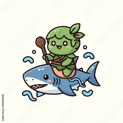A cartoon creature with leaf-like hair rides on a blue shark, holding a wooden stick and surrounded by blue water-like swirls
