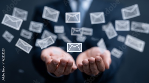 Businessman holding digital envelopes.