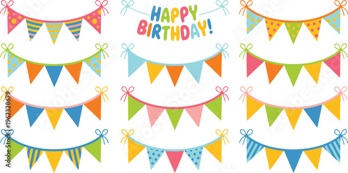 Party bunting vector set with colorful triangular flags draped in garlands for birthday celebration festive decorations cartoon isolated icons