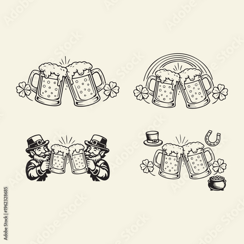 Vintage Cartoon Beer Mugs with Shamrocks, Rainbow and Leprechaun Elements – St. Patrick’s Day Illustration