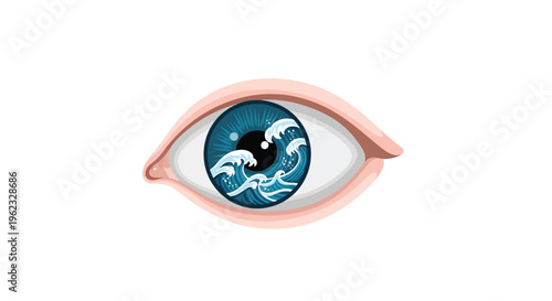 A close-up illustration of a human eye with a blue iris featuring a wave design