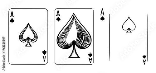 Playing card set with striking Ace of Spades design featuring ornate motifs, black and white line art, vintage iconography with spade symbol and royal chip