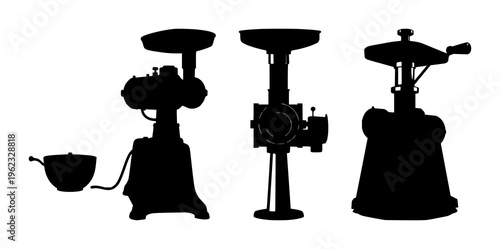 Meat grinder set with solid black silhouette and clean white background featuring heavy-duty, vintage and industrial design with kitchen equipment and block line style