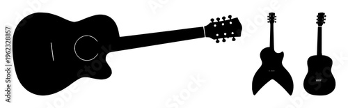 Guitar acoustic silhouette set with simple line art design featuring sketches, drawings, vector graphics with minimalist and simple illustrations