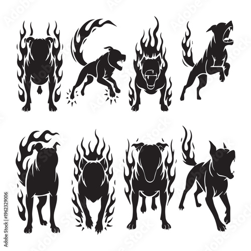 Stylized black silhouettes of muscular snarling dogs with fire