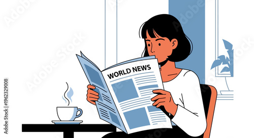 Woman reading world news and drinking coffee