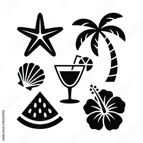 Black and white tropical with starfish, palm tree, cocktail, shell, watermelon, and hibiscus