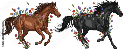 A wild black stallion and a funny cartoon pony gallop through nature, featuring a silhouette illustration of a running mustang and a farm mare on the beach or in the park