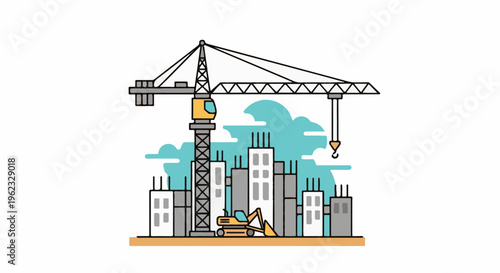 Construction site with crane, excavator, and buildings under construction