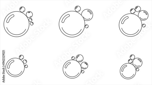 Soap bubbles icon set featuring foam bubbles and sparkling water droplets. Represents cleanliness, fizzy soda, oxygen spheres, and fresh washing concepts.