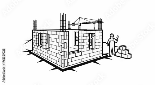 Construction site with bricklaying worker, crane, and building in progress