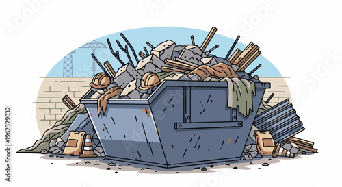 Construction waste overflowing from a blue skip bin, with debris, hard hats, and cones
