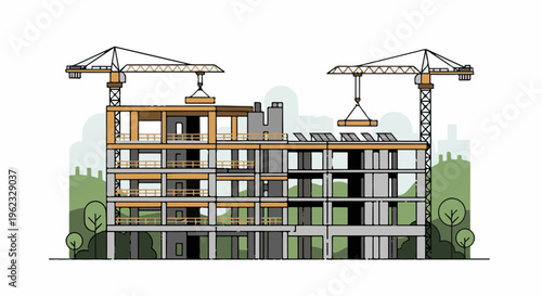 Construction site with cranes building a concrete and wood structure