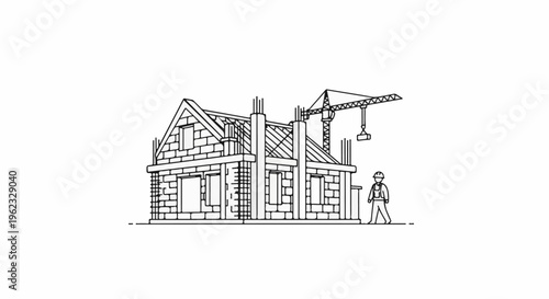Construction site with partially built house, crane, and worker