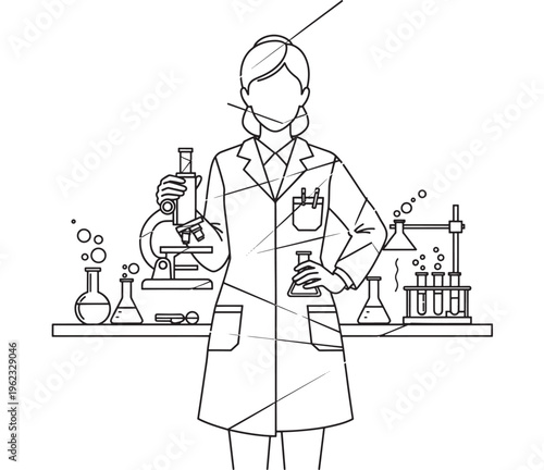 Scientist woman in lab coat with test tubes and equipment, working in laboratory setting with various flasks and beakers.