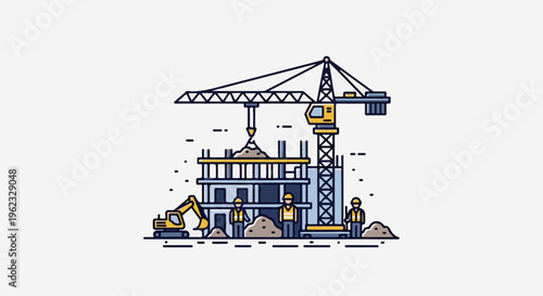 Construction site with crane, excavator, building, and workers