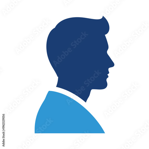 A dark blue silhouette profile of a professional man with a light blue collar is depicted against a white background.