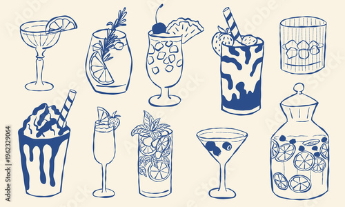 Delicate cocktail sketches in blue ink