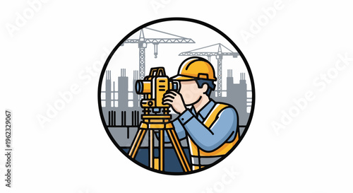 Construction worker surveying with a theodolite, cranes and buildings in background
