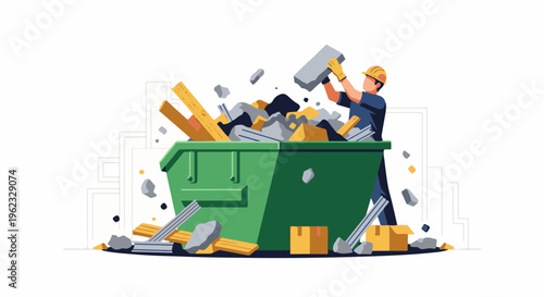 Construction worker tosses debris into an overflowing industrial waste bin