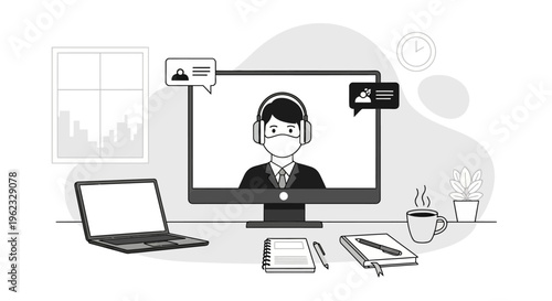 Remote worker attending an online meeting from home office.