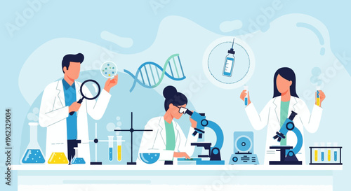Scientists conducting experiments in a modern research laboratory.