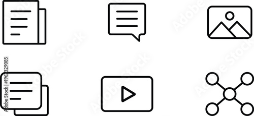 Collection of six clean black outline icons representing documents messages pictures video and network connections on a transparent background