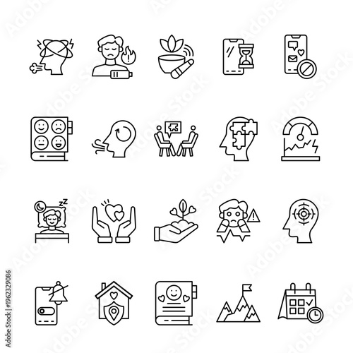 Mental Health & Digital Wellbeing Icons Vector Symbols for Wellness App UI