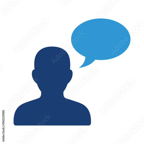 A dark blue silhouette of a person has a light blue speech bubble floating above their head indicating dialogue.