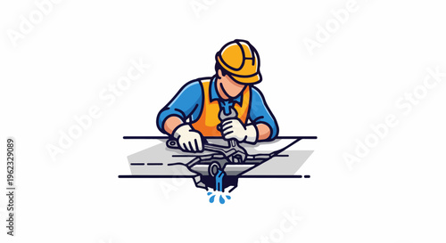 Construction worker fixing a pipe with a wrench, water leaking