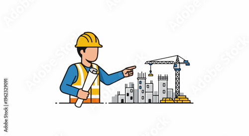 Construction worker pointing at building development with crane and blueprints