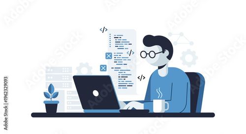 Software Developer Coding on Laptop with Digital Interface