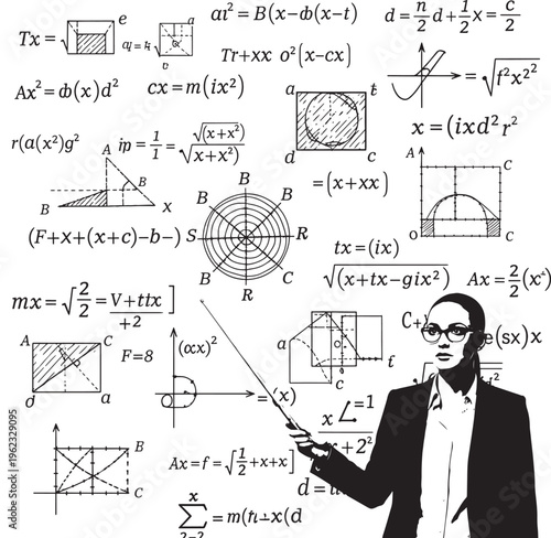 Equations mathematical blackboard with complex calculus and geometry problems written in detail, with a teacher standing in front.