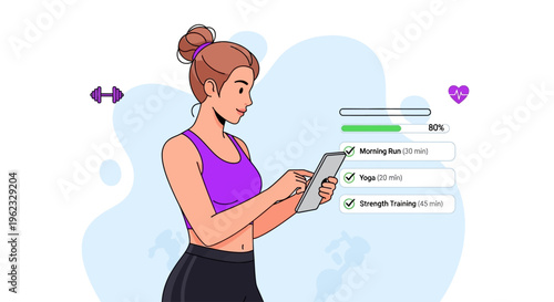 Woman tracking her fitness progress and managing workouts on a tablet application.