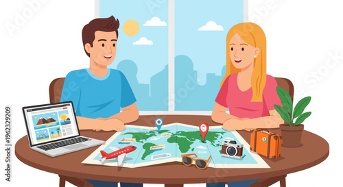 Couple happily planning their next travel adventure with a world map and laptop.