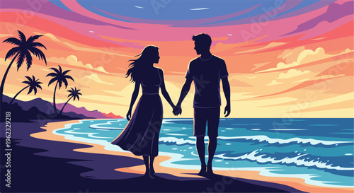 Couple holding hands on a beach at sunset with palm trees