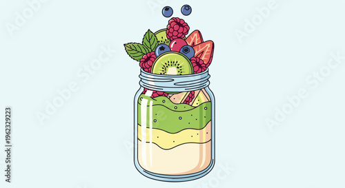 Colorful fruit layered parfait in a glass jar, topped with fresh berries