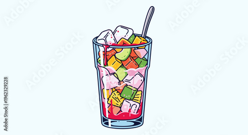 Colorful fruit salad with ice cubes and pink liquid in a glass