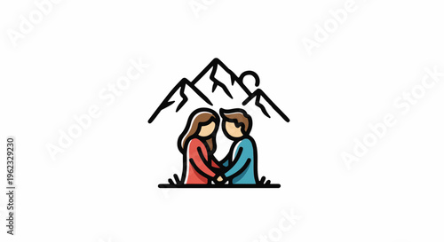 Couple holding hands under stylized mountains with sun