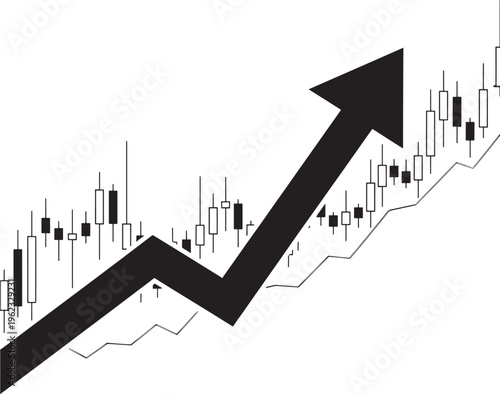 Arrow pointing upwards on a financial chart with increasing trend lines and candlestick patterns featuring stock market, graph, business with finance