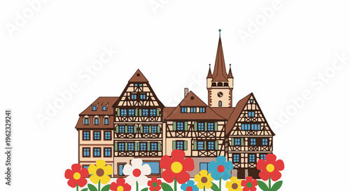 Colorful flowers bloom before charming half-timbered buildings with a clock tower