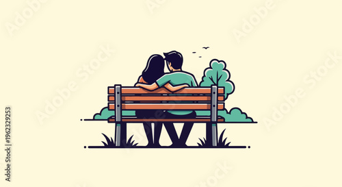 Couple in park sitting on bench, embraced, watching birds fly