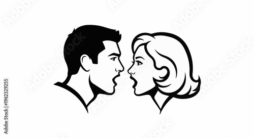 Couple in profile, mouths open, appearing to argue or shout
