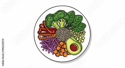 Colorful, healthy vegan bowl with fresh vegetables, grains, and avocado slices