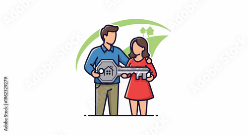 Couple receiving a house key with stylized green hills and houses in background