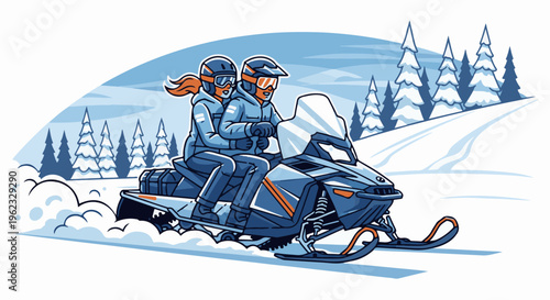 Couple on snowmobile riding through snowy landscape with trees