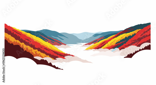 Colorful mountain valley with mist and layers of distant peaks