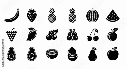 Collection of silhouetted fruits banana, strawberry, pineapple, watermelon, grapes, mango, blueberries, cherries, apple, pear, avocado, kiwi
