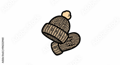 Cozy knitted winter hat and matching mittens with a pompom