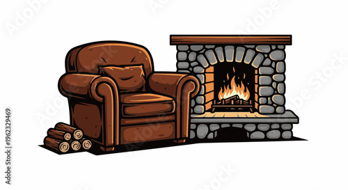 Cozy leather armchair next to a stone fireplace with burning logs